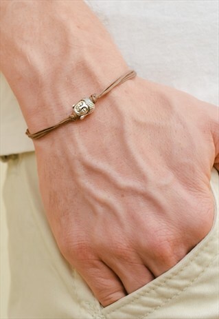 MEN'S BRACELET, SILVER BUDDHA BEAD, BROWN CORD, YOGA JEWELRY