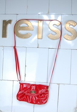 Vintage 90's Leather Style Bright Red Rave Shoulders Clutch 