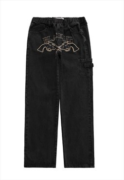 Rifle patch jeans wide denim gangster star pants in black