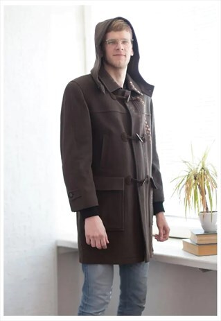 VINTAGE 90'S WOOL HOODED PARKA COAT IN KHAKI/BROWN