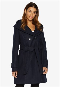 Navy Blue Shawl Hooded Slim Fit Coat With Belt