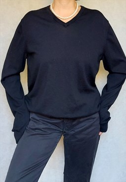 Black Merino Wool Classic Pullover, Large Size