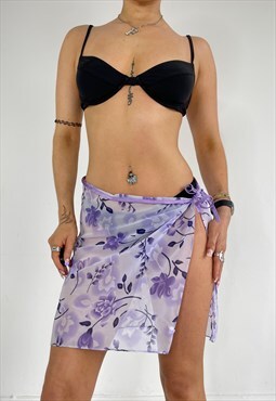 Vintage 90s Sarong Beach Skirt Sheer Tie Up Lilac Beachwear