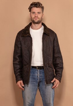 Vintage 90's Men Sheepskin Bomber Jacket in Dark Brown