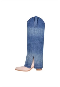 Pointed Toe Slit Denim Fold Over Boots