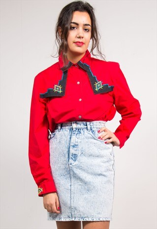 VINTAGE 90'S RED WESTERN STYLE AZTEC PATTERN SHIRT