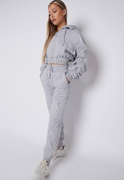 JUSTYOUROUTFIT Ruched Cropped Hoodie Jogger Loungewear Set