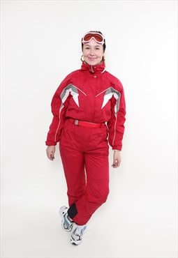 Vintage one piece ski suit, 90s retro red women ski jumpsuit