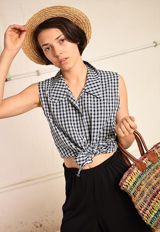 90'S RETRO CHECKED PARIS CHIC FESTIVAL TIE UP CROP TOP