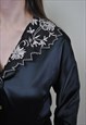 VINTAGE BLACK BLOUSE, FLOWERS EMBROIDERY BUTTON UP SHIRT 