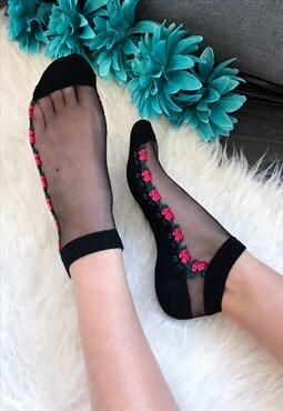Black Sheer Top Roses Socks