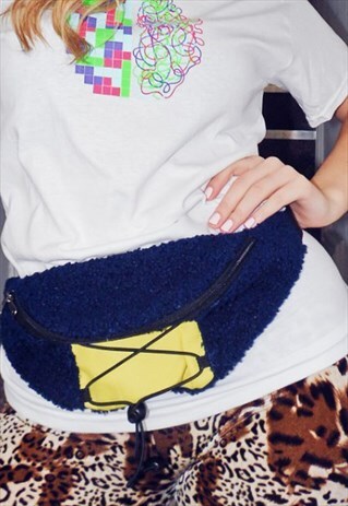 BUM BAG FLEECE BORJ TEDDY MATERIAL NAVY BLUE YELLOW UNISEX