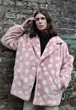 Floral fleece coat handmade fauxfur daisy trench jacket pink