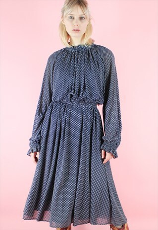 VINTAGE 90S DRESS DARK BLUE DOTS HIGH NECK FITTED SUMMER Y2K