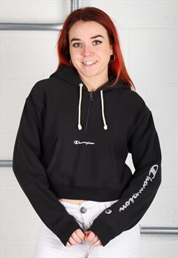 Vintage Champion Hoodie in Black Cropped Jumper Large