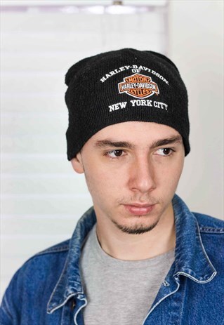 VINTAGE HARLEY-DAVIDSON BEANIE HAT LOGO 90S ONE SIZE 1.8