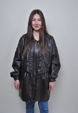 Women fake leather coat, vintage faux leather overcoat, 80s