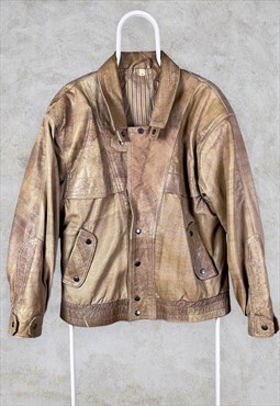 Vintage Tan Leather Jacket Genuine Real Medium