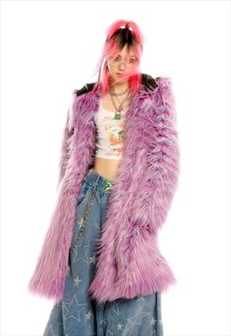  Faux fur long coat raver bomber burning man jacket purple