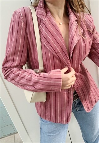 VINTAGE Y2K 00S STRIPED CORDUROY BLAZER JACKET DUSTY PINK