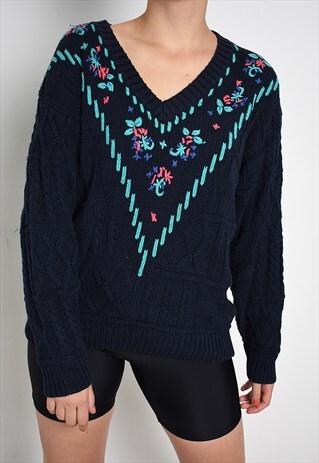 90'S RETRO FLORAL EMBROIDERY KNITTED OVERSIZED JUMPER