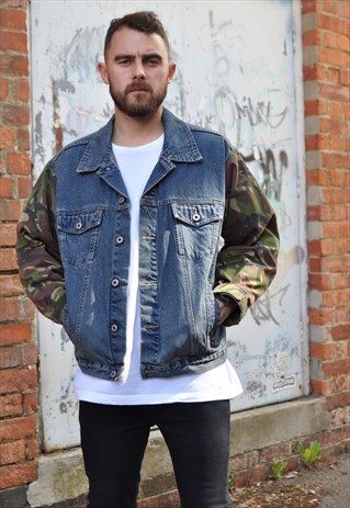 90'S VINTAGE REWORK CAMOUFLAGE SLEEVE DENIM JACKET
