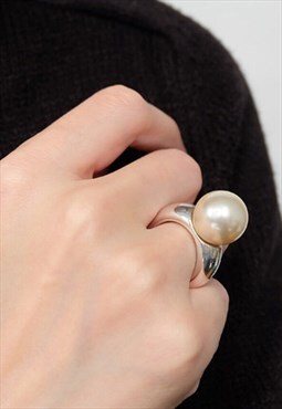 Large White Pearl 16 mm Solid Band Ring 925 Sterling Silver