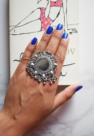CHUNKY SILVER STATEMENT BOHEMIAN RING WITH MIRROR AND CHARMS