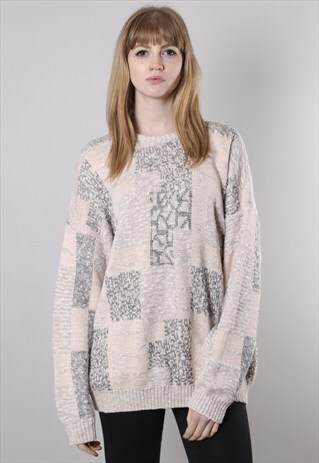 VINTAGE 80S PINK GREY PATTERNED OVERSIZE JUMPER