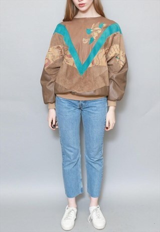 VINTAGE 1970'S SOFT BROWN AND TEAL BATWING SUEDE JUMPER