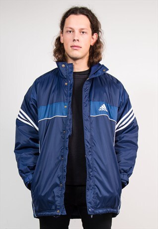 VINTAGE 90'S BLUE ADIDAS PADDED HOODED COAT JACKET