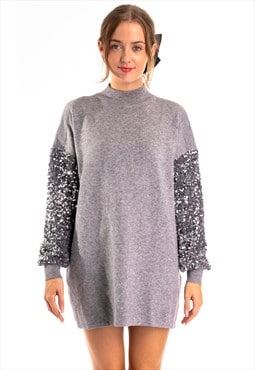 Sequin embellished full sleeves jumper dress in grey