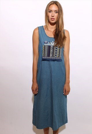 VINTAGE 90S EMBROIDERED DENIM MAXI DRESS BLUE JEANS L-XL