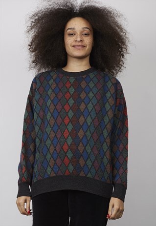 VINTAGE 80'S MISSONI MULTICOLOUR DIAMOND KNIT JUMPER