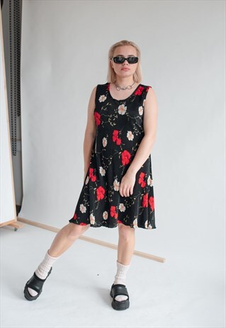 VINTAGE 90S GRUNGE CRICKLE MIDI ROUNDNECK FLORAL DRESS M