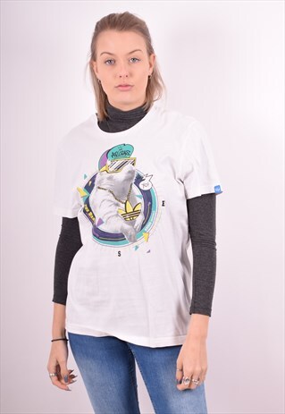 ADIDAS WOMENS VINTAGE T-SHIRT TOP MEDIUM WHITE 90S