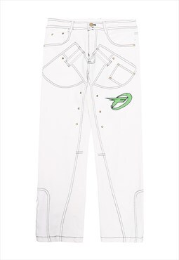 Side split jeans zip up denim pants in off white
