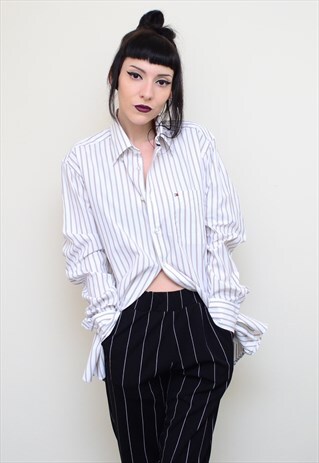 Y2K RETRO PINSTRIPE TOMMY HILFIGER BOYFRIEND STYLE SHIRT