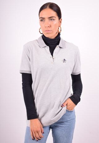 WOMENS VINTAGE POLO SHIRT XL GREY STRIPES 90'S