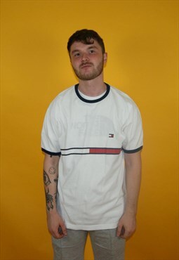 Vintage 90s Tommy Hilfiger Stripe Ringer Tshirt White Medium