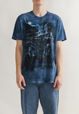Vintage Y2k Zombie Print Acid Wash Blue T-shirt Unisex M