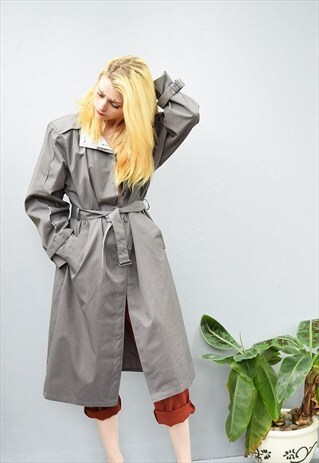 90'S RETRO MILITARY OVERSIZED GREY LONG MAC TRENCH COAT