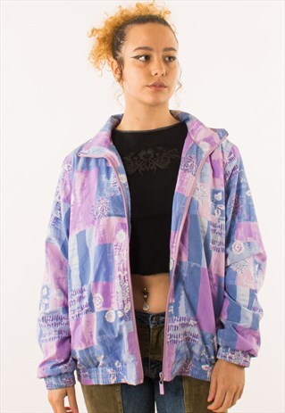 VINTAGE 90S PINK PURPLE FLORAL GRID CRAZY PRINT JACKET