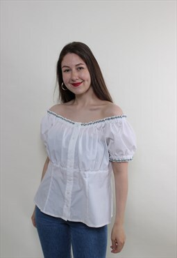 Vintage 90s off shoulder blouse, white puff sleeve blouse