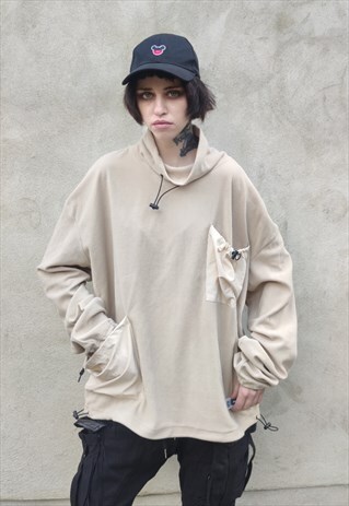 MULTI BEAM TURTLENECK SWEATSHIRT ROLLUP FLEECE SWEATER CREAM