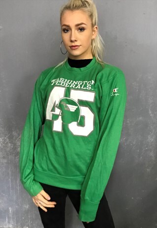 VINTAGE CHAMPION CREW NECK SWEATSHIRT JUMPER GREEN SPELLOUT