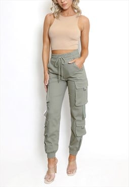 Elasticated Waist Knotted Cargo Pants In Khaki
