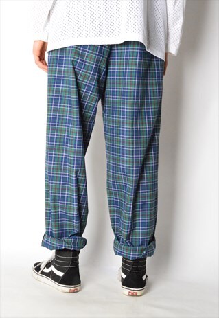 VINTAGE 80S NAVY BLUE GREEN CHECK LIGHTWEIGHT PANTS