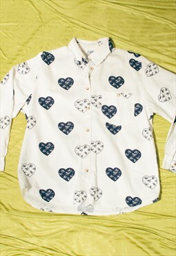 Vintage Denim Shirt 90s Oversized Shacket White Heart Print