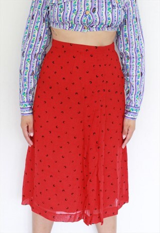 Y2K VINTAGE RED MOON CRESCENT PRINT PLEATED HIGH WAIST SKIRT